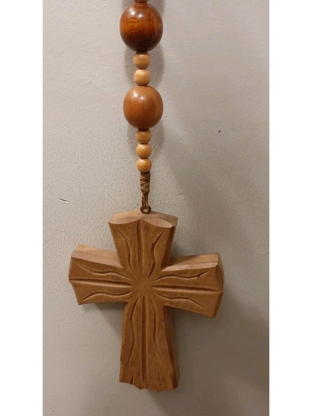 Vintage Large Wooden Bead Wall Rosary Catholic Cross 55 Inch Handmade Hanging